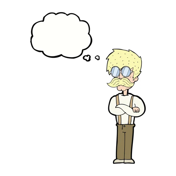 Kreskówka hipster człowiek z wąsem i okulary z myśli bu — Wektor stockowy