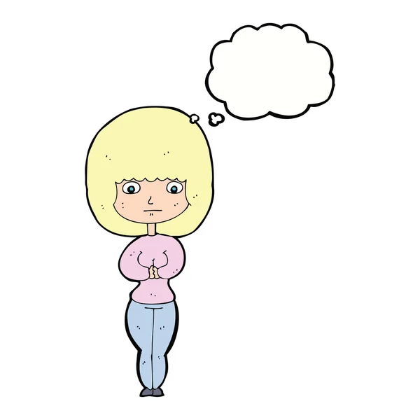 Düşünce balonu ile utangaç kadın karikatür — Stok Vektör