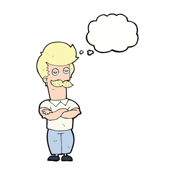 Karikatur Schnurrbart Muskelmann mit Gedankenblase — Stockvektor