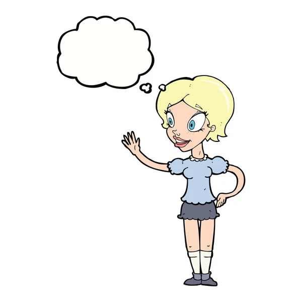 Cartone animato donna che ondeggia con bolla di pensiero — Vettoriale Stock