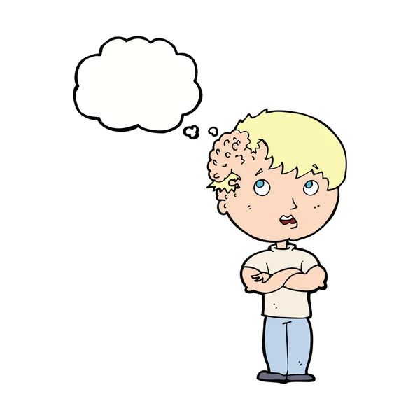 Cartone animato ragazzo con la crescita sulla testa con bolla di pensiero — Vettoriale Stock