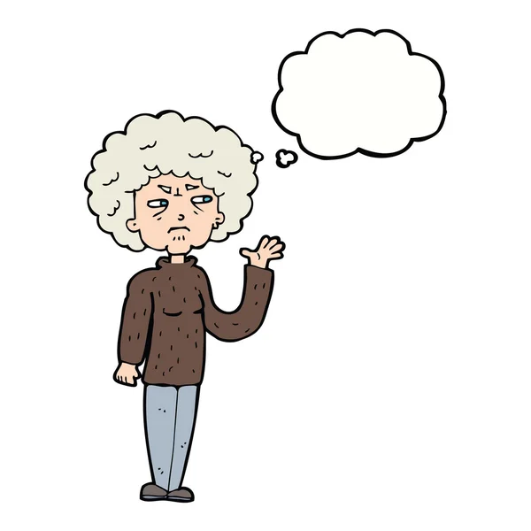 Karikatür, yaşlı bir kadının düşünce baloncuğuyla el sallamasından rahatsız oldu. — Stok Vektör