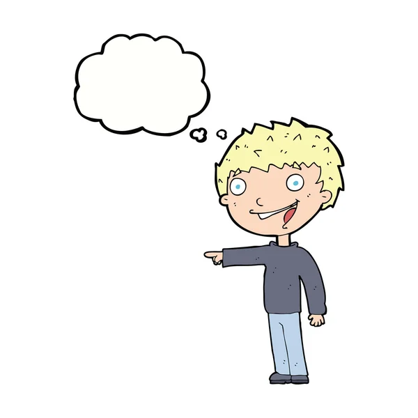 Cartone animato felice ragazzo ridendo con bolla di pensiero — Vettoriale Stock