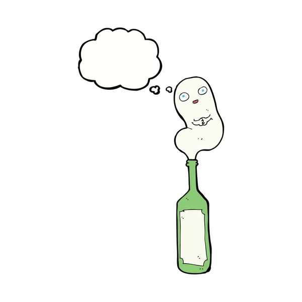 Cartoon geest in fles met gedachte zeepbel — Stockvector