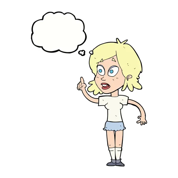 Mulher dos desenhos animados fazendo pergunta com bolha pensamento — Vetor de Stock