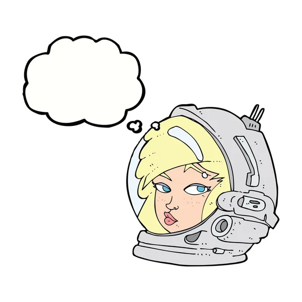 Desenho animado astronauta feminino com bolha de pensamento — Vetor de Stock