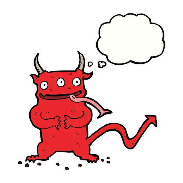 Cartoon kleine demon met gedachte zeepbel — Stockvector