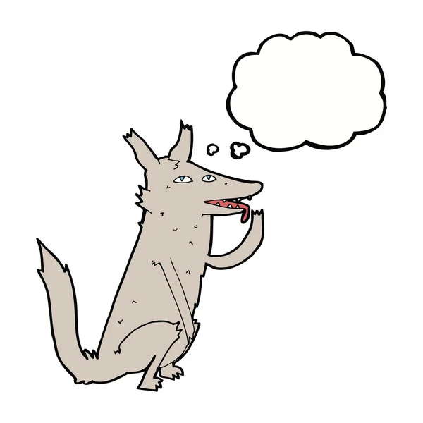 Cartoon wolf likken poot met gedachte zeepbel — Stockvector