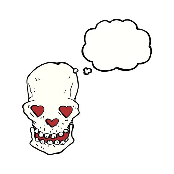 Calavera de dibujos animados con amor corazón ojos con burbuja de pensamiento — Vector de stock