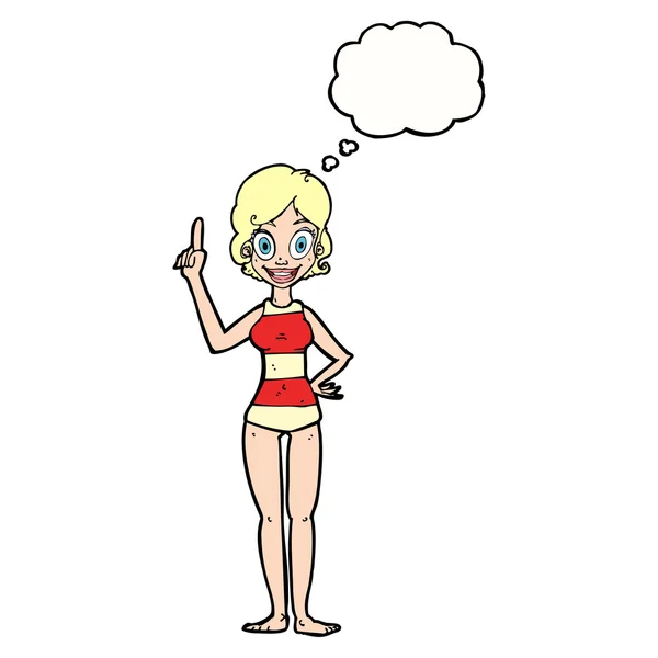 Cartoon vrouw in gestreepte zwembroek met dacht dat bubble — Stockvector
