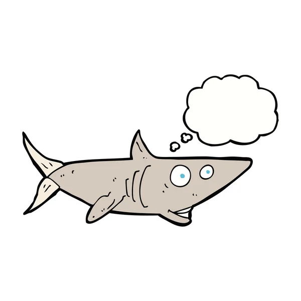 Dibujos animados tiburón feliz con burbuja de pensamiento — Vector de stock