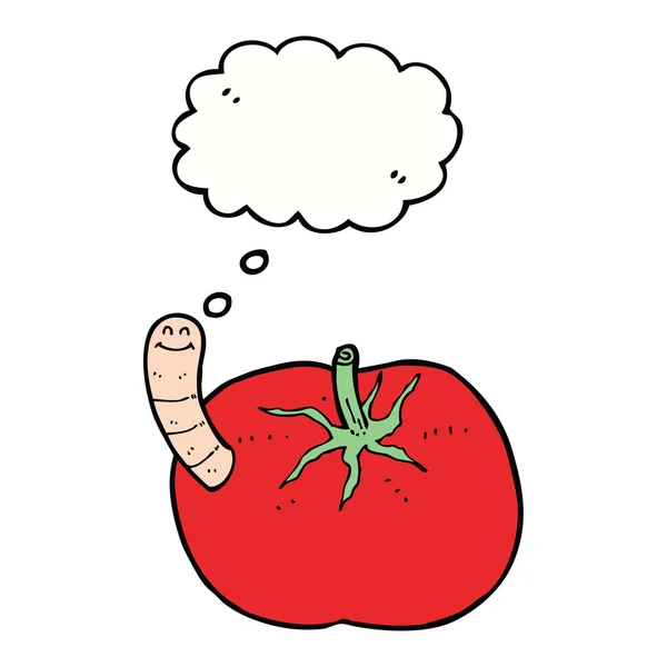 Cartoon tomato with worm with thought bubble — Stock Vector