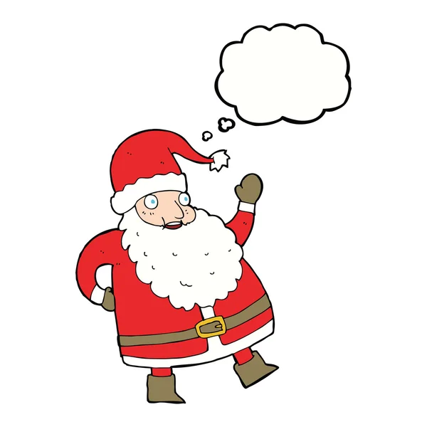 Grappig zwaaien santa claus cartoon met gedachte zeepbel — Stockvector