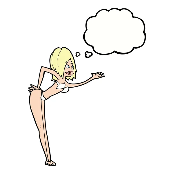 Mujer de dibujos animados en bikini con burbuja de pensamiento — Vector de stock
