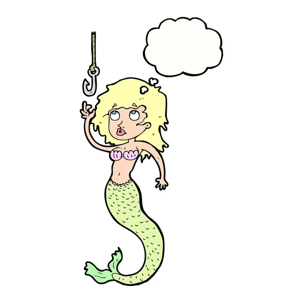 Cartoon mermaid and fish hook with thought bubble — Stock Vector