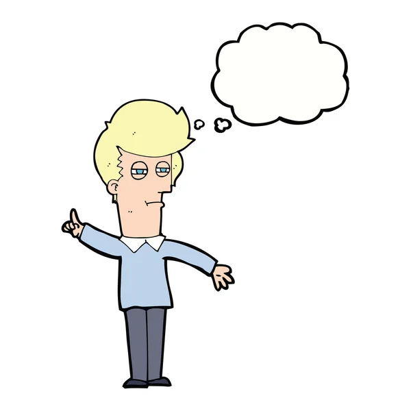 Hombre de dibujos animados estrechando los ojos con burbuja de pensamiento — Vector de stock