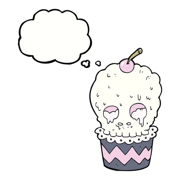 Spookachtige schedel cupcake cartoon met gedachte zeepbel — Stockvector