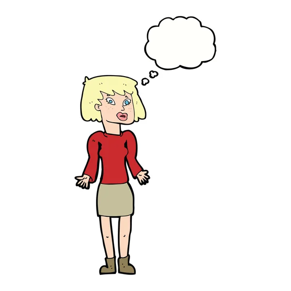 Cartoon vrouw schouders ophalen met gedachte zeepbel — Stockvector