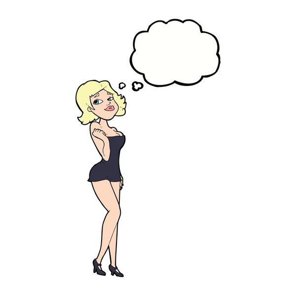 Cartone animato donna attraente in abito corto con bolla di pensiero — Vettoriale Stock