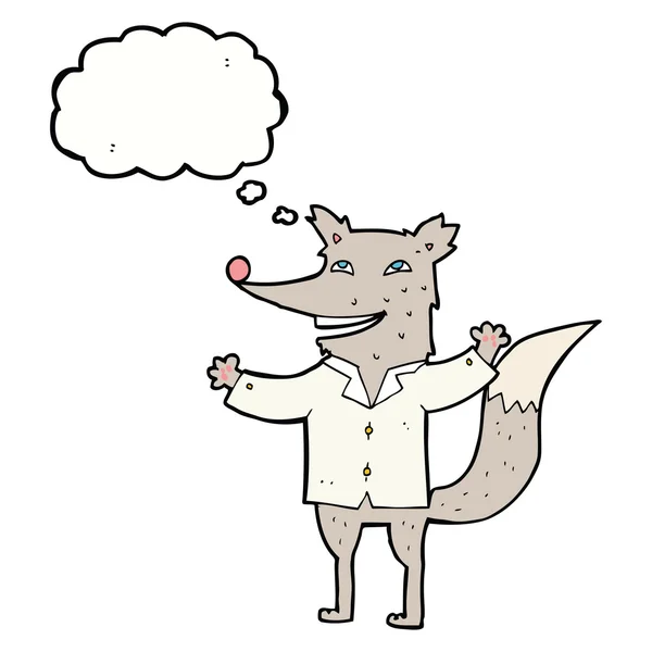 Cartone animato lupo felice indossando camicia con bolla di pensiero — Vettoriale Stock
