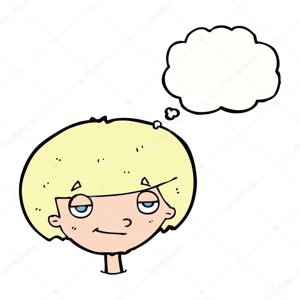 cartoon smug looking boy with thought bubble