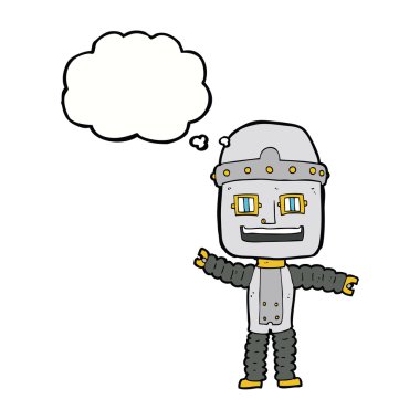 Düşünce baloncuğu sallayan robot.