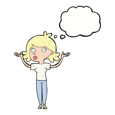 Çizgi filmdeki kadın düşünce balonuyla kollarını havaya kaldırıyor.