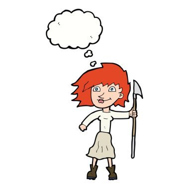 Düşünce baloncuklu mızraklı çizgi film kadını.