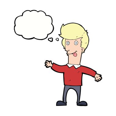 Düşünce baloncuğuyla dil çıkaran çizgi film adamı.