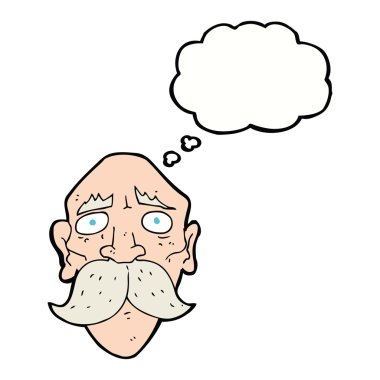 Düşünce baloncuğu olan üzgün yaşlı bir adam.