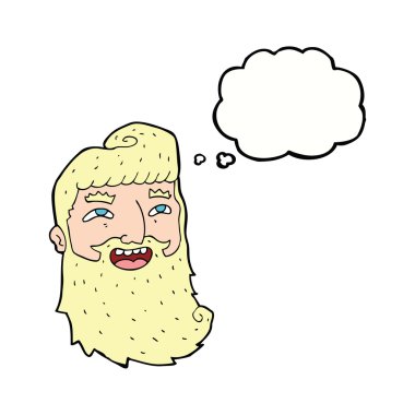 Düşünce baloncuğuyla gülen sakallı adam.