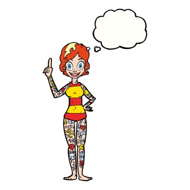 Düşünce baloncuğu dövmeleri olan karikatür kadın.