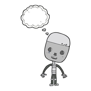 Düşünce baloncuklu üzgün robot çizgi filmi