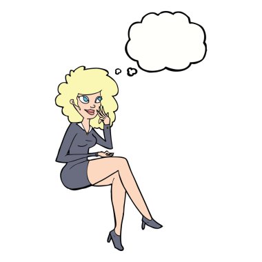 Düşünce baloncuğuyla oturan bir ofis kadını.