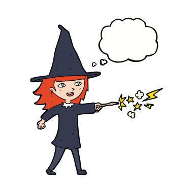 çizgi film cadısı kız düşünce baloncuğuyla büyü yapıyor.