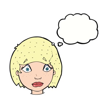 Düşünce kabarcığı olan endişeli kadın yüzü