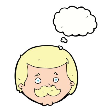 Düşünce baloncuklu bıyıklı çizgi film adamı.