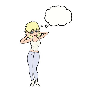 Düşünce baloncuğu olan güzel bir kadın.