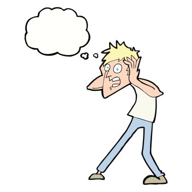 Düşünce baloncuğuyla panikleyen çizgi film adamı.