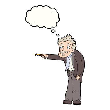 Düşünce baloncuğuyla kilidi açan anahtarla titreyen çizgi film adamı.