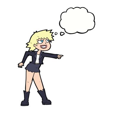 Çizgi film kadını düşünce balonunu işaret ediyor.