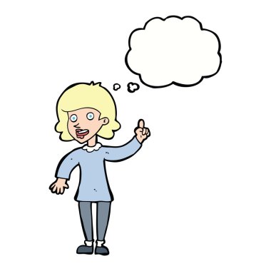 Düşünce baloncuğu olan çizgi film kadını.