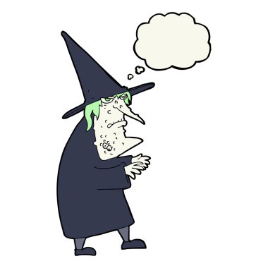 Düşünce baloncuğu olan çirkin yaşlı cadı çizgi filmi