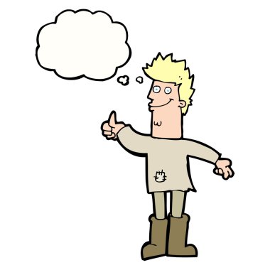 Düşünce baloncuğu olan, paçavralar içinde pozitif düşünen bir adam.