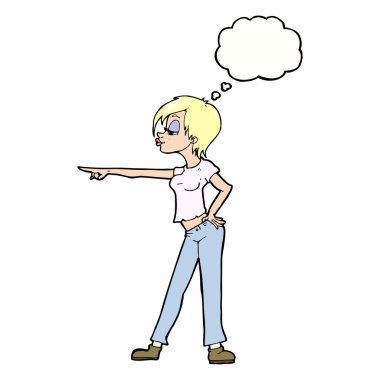 Çizgi film kadını düşünce balonunu işaret ediyor.