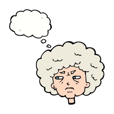 Düşünce baloncuğu olan huysuz yaşlı kadın.