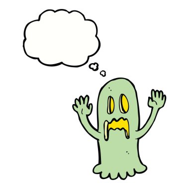 Düşünce baloncuklu hayaletli karikatür.