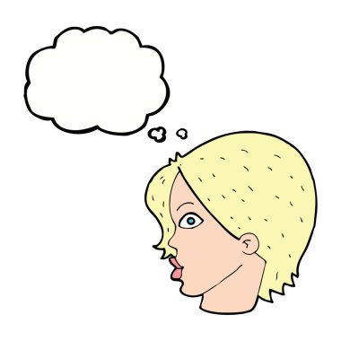 Düşünce baloncuğuyla bakan kadın yüzü.