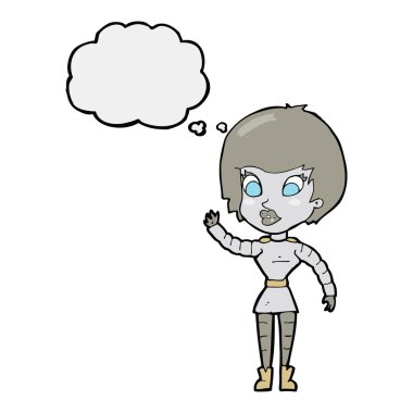 Düşünce baloncuğuyla el sallayan robot kadın