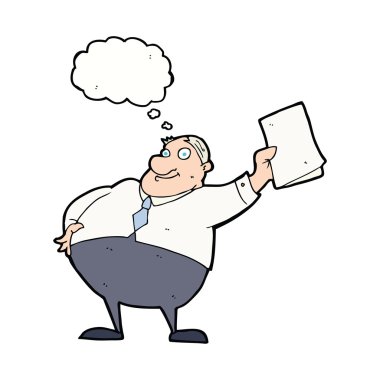 Çizgi film patronu düşünce balonuyla kağıtları sallıyor.